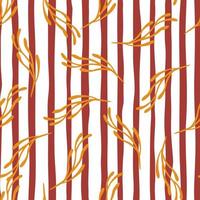 Decorative seamless pattern with random orange branches print. Red and white striped background. vector