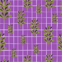 Hand drawn seamless pattern with botanic leaf branches ornament. Purple chequered background. vector