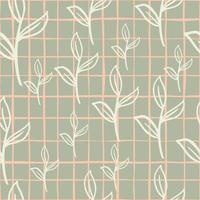 Random seamless pattern with white outline random leaf branches elements. Grey chequered background. vector