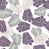 Isolated seamless pattern with purple and pink outline random monstera shapes. White background. vector