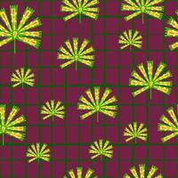 Nature seamless pattern with random green and yellow geometric daisy flowers. Purple chequered background. vector