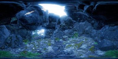 vr 360 camera inside tropical cave in jungle with palms and sun light. VR photo