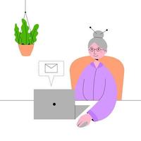 A happy grandmother with a laptop is sitting in an armchair and writing a letter. Isolated vector illustration in flat style on a white background.