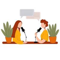 Girls record podcast into microphones while sitting at a table. Vector flat illustration isolated on a white background.