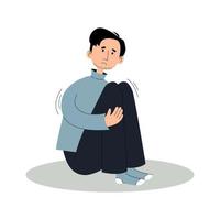 Sad man in depression sits hugging his knees. Concept mental disorders, anxiety, depression, bipolar disorder. Vector illustration in flat style isolated on a white background.