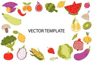 Organic foods frame template, hand drawn fruits and vegetables for menu cover, banner or brochure. Vector cartoon illustration.