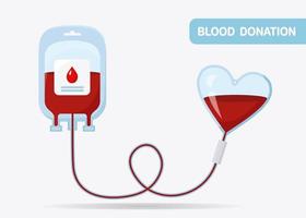 Blood bag with red drop isolated on whit background. Donation, transfusion in medicine laboratory concept. Pack of plasma with heart. Save patient life. Vector flat design