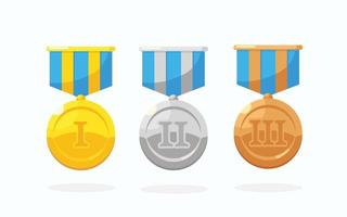 Set of gold, silver, bronze medal with star for first place. Trophy, award for winner isolated on white background. Golden badge with ribbon. Achievement, victory concept. Vector cartoon flat design