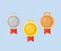 Gold, silver, bronze medal for first place. Trophy, award for winner  isolated on blue background. Set of golden badge with ribbon. Achievement, victory. Vector cartoon illustration Flat design