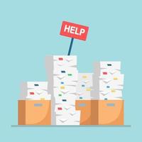 Pile of paper, document stack with carton, cardboard box. Stressed busy employee in heap of paperwork with help sign. Bureaucracy concept. Vector cartoon design