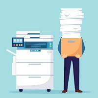 Pile of paper, busy businessman with stack of documents in carton, cardboard box. Paperwork with printer, office multifunction machine. Bureaucracy concept. Stressed employee. Vector cartoon design