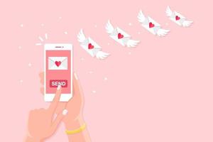 Valentine's day illustration. Send or receive love sms, letter, email with mobile phone. White cellphone in hand isolated on background. Flying envelope with red heart, wings. Vector flat design