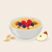 avena de avena en un tazón con plátanos, bayas, fresas, nueces y cereales aislados en fondo blanco. desayuno saludable vector