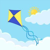 Colorful kite fly in blue sky with clouds. Summer holiday. Vector flat design