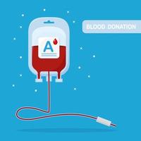 Blood bag with red drop isolated on blue background. Donation, transfusion in medicine laboratory concept. Save patient life. Vector flat design