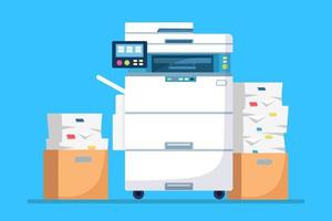 Printer, office machine with paper, document stack. Scanner, copy equipment. Multifunction device. Paperwork with carton, cardboard box. Vector cartoon design