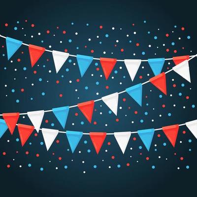 Banner with garland of colour festival flags and ribbons, bunting. Background for celebrate happy birthday party, carnaval, fair. Vector flat design