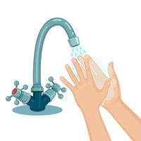 Washing hands with soap foam, scrub, gel bubbles. Water tap, faucet leak. Personal hygiene, daily routine concept. Clean body. Vector cartoon design