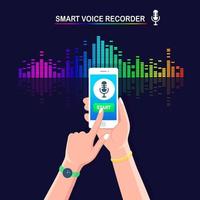 Sound audio gradient wave from equalizer. Cellphone with microphone icon on screen. Mobile phone app for digital voice radio record. Music frequency in color spectrum. Vector flat design