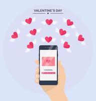 ilustración del día de san valentín. enviar o recibir sms de amor, carta, correo electrónico con teléfono móvil. mano humana sostenga el teléfono celular aislado en el fondo. sobre, volando corazón rojo con alas. vector