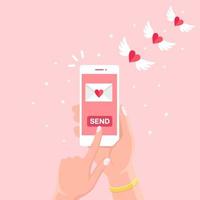 Valentine's day illustration. Send or receive love sms, letter, email with mobile phone. White cellphone in hand isolated on background. Flying envelope with red heart, wings. Vector flat design