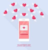 Valentine's day illustration. Send or receive love sms, letter, email with mobile phone. White cellphone isolated on  background. Envelope, flying red heart with wings. Flat design, vector icon.