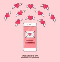 Valentine's day illustration. Send or receive love sms, letter, email with mobile phone. White cellphone isolated on  background. Envelope, flying red heart with wings. Flat design, vector icon.