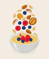 avena de avena en un tazón con plátanos, bayas, fresas, nueces y cereales aislados en fondo blanco. desayuno saludable vector