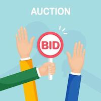 Businessman hold auction paddle in hand. Bidding, auction competition concept. People rise signs with BID inscriptions. Business trade process. Vector flat design