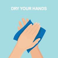Man wipe, dry clean hands with napkins, paper towel. Hygiene, good habits concept. Vector cartoon design