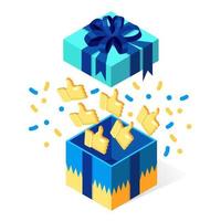 Opened gift box with thumbs up isolated on white background. 3d isometric package, surprise with confetti. Testimonials, feedback, customer review concept. Vector cartoon design