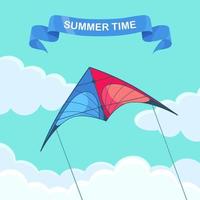 Flying colorful kite in the sky with clouds isolated on background. Summer festival, holiday, vacation time. Kitesurfing concept. Vector illustration. Flat cartoon design