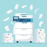 Printer, office machine with paper, document stack. Scanner, copy equipment. Paperwork. Multifunction device. Vector cartoon design