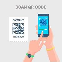 Scan QR code to phone. Mobile barcode reader, scanner in hand with pay receipt. Electronic digital payment with smartphone. Vector flat design