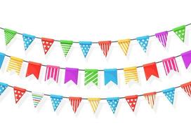 Banner with garland of colour festival flags and ribbons, bunting isolated on white background. Decoration, symbols for celebrate happy birthday party, carnaval, fair. Vector flat design