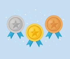 Set of gold, silver, bronze medal with star for first place. Trophy, award for winner isolated on blue background. Golden badge with ribbon. Achievement, victory concept. Vector cartoon flat design