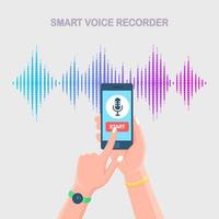 Sound audio gradient wave from equalizer. Cellphone with microphone icon on screen. Mobile phone app for digital voice radio record. Music frequency in color spectrum. Vector flat design