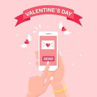 Valentine's day illustration. Send or receive love sms, letter, email with mobile phone. White cellphone in hand isolated on background. Flying red heart with wings, envelope. Vector flat design