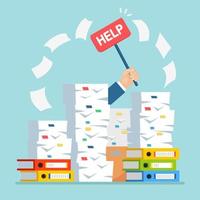 Pile of paper, document stack with carton, cardboard box. Stressed employee in heap of paperwork. Busy businessman with help sign. Bureaucracy concept. Vector cartoon design