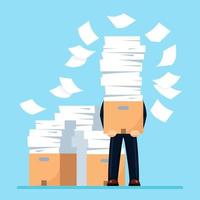 Pile of paper, busy businessman with stack of documents in carton, cardboard box. Paperwork. Bureaucracy concept. Stressed employee. Vector cartoon design