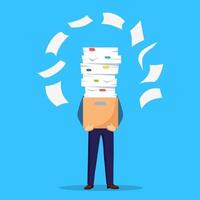 Pile of paper, busy businessman with stack of documents in carton, cardboard box. Paperwork. Bureaucracy concept. Stressed employee. Vector cartoon design