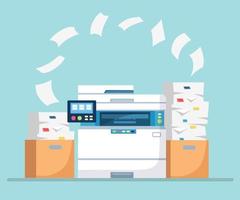 Printer, office machine with paper, document stack. Scanner, copy equipment. Multifunction device. Paperwork with carton, cardboard box. Vector cartoon design