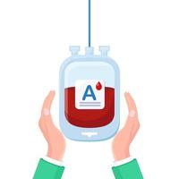 Blood bag with red drop in hand isolated on white background. Donation, transfusion in medicine laboratory concept. Save patient life. Vector flat design