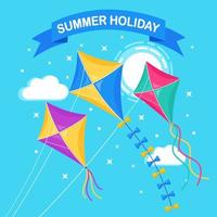 Colorful kite flying in blue sky, sun isolated on background. Summer, spring holiday, toy for child. Vector flat design