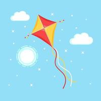 Colorful kite flying in blue sky, sun isolated on background. Summer, spring holiday, toy for child. Vector flat design