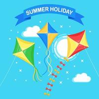 Colorful kite flying in blue sky, sun isolated on background. Summer, spring holiday, toy for child. Vector flat design