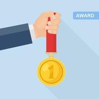 Gold medal with blue ribbon for first place in hand. Trophy, winner award isolated on background. Golden badge icon. Sport, business achievement, victory concept. Vector flat design