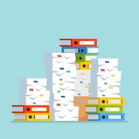 Pile of paper, document stack with carton, cardboard box, folder. Paperwork. Bureaucracy concept. Vector cartoon design