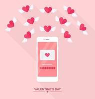 Valentine's day illustration. Send or receive love sms, letter, email with mobile phone. White cellphone isolated on  background. Envelope, flying red heart with wings. Flat design, vector icon.