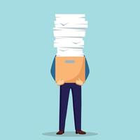 Pile of paper, busy businessman with stack of documents in carton, cardboard box. Paperwork. Bureaucracy concept. Stressed employee. Vector cartoon design